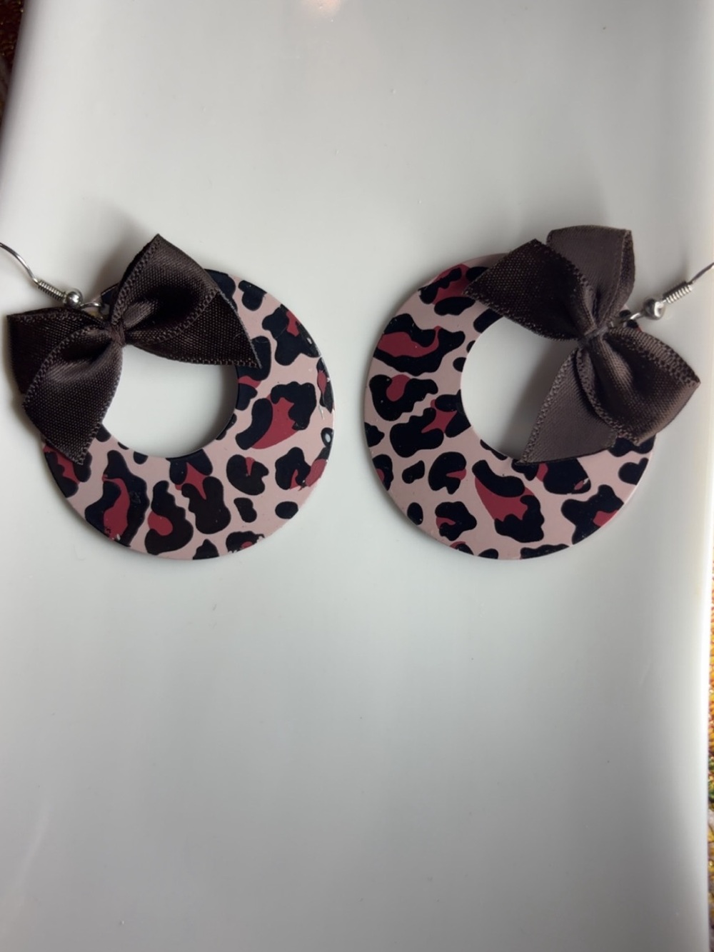 Pink Leopard Print Hoop Earrings with Brown Bows